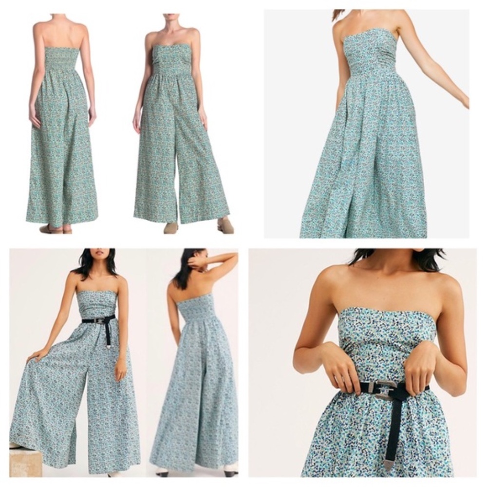 NWT Free People Mustang Strapless Ditsy Floral Wide Leg Jumpsuit Blue Size L - Picture 5 of 12